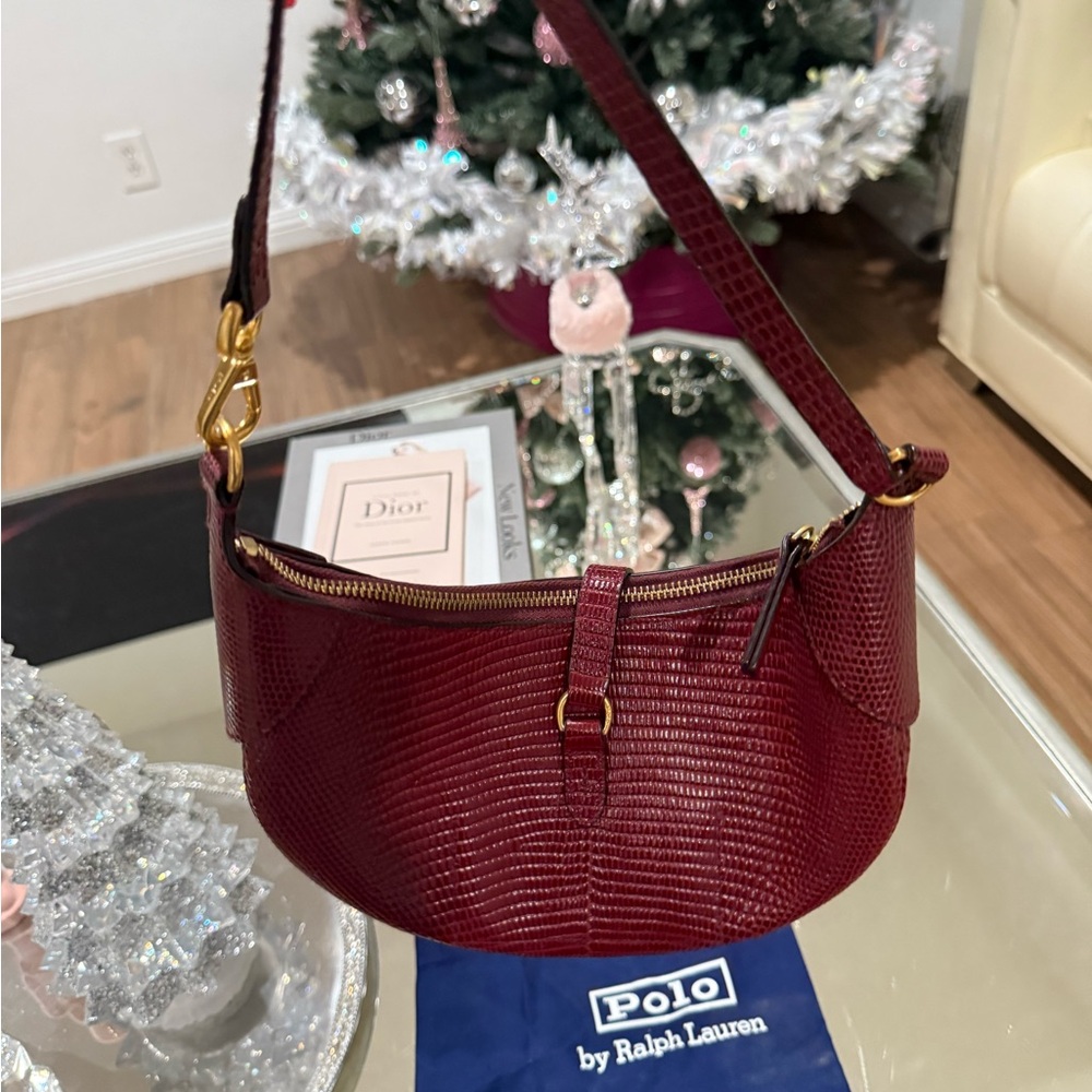 Polo by Ralph Lauren Burgundy Textured Shoulder Bag with Gold Accent - Picture 3 of 4